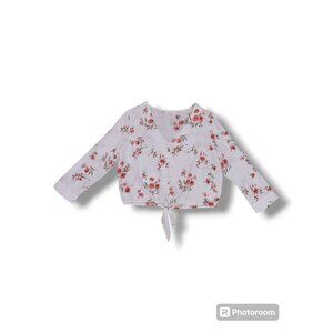 Anthropologie Sadie & Sage White Pink Floral Long Sleeve Button Up V Neck Top-S